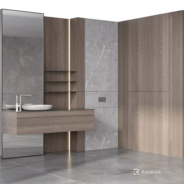 Modern Wooden Bathroom Vanity Cabinet With Mirror Sink Basin Grey Marble Wall And Sleek Design 3d model 