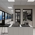 Modern Commercial Interior Space With Glass Partitions White Flooring And Display Shelves
