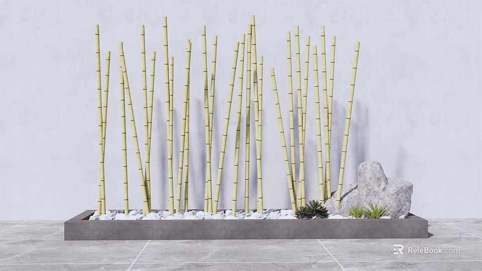 Tall Bamboo Stalks in Rectangular Planter with Decorative Stone and Small Plants 3d model 