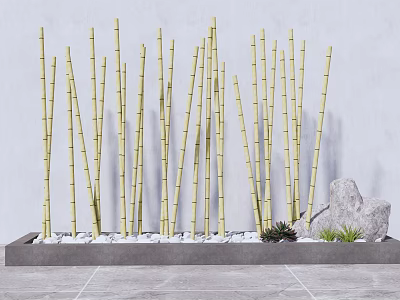 Tall Bamboo Stalks in Rectangular Planter with Decorative Stone and Small Plants 3d model