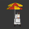 Mobile Food Cart With Red Yellow Umbrellas Bottled Drinks And Food
