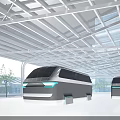Cartoon Scene With Futuristic Vehicles Transparent Roof White Frame Blue Lights Trees And High Rises