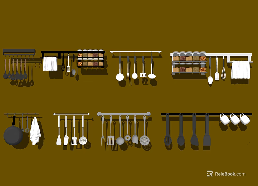 Hanging Kitchen Utensils Organized On Wall Mounted Racks With Various Cooking Tools 3d model