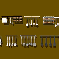 Hanging Kitchen Utensils Organized On Wall Mounted Racks With Various Cooking Tools 3d model