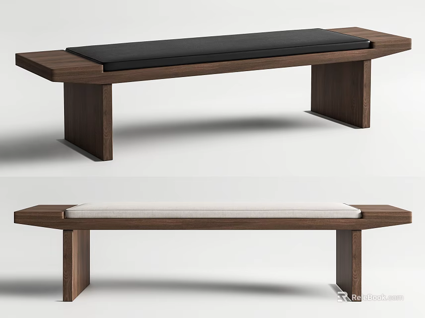 Sturdy Wooden Bench Featuring Simple Design and Black Light Colored Cushions 3d model