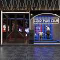 Modern Chic Bar Interior With Blue Lighting Black Furniture And Neon Decor