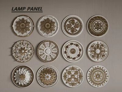 Decorative Lamp Panels With Various Floral Patterns In White And Gold On Light Gray Background 3d model