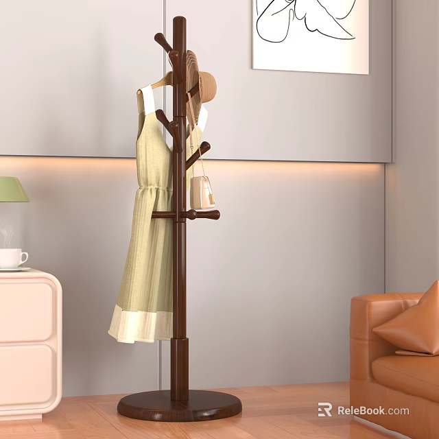 Beige Wardrobe Interior Design With Wooden Coat Rack Light Green Dress And Brown Sofa 3d model 