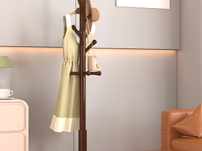 Beige Wardrobe Interior Design With Wooden Coat Rack Light Green Dress And Brown Sofa 3d model