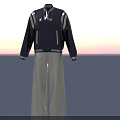 Casual Navy Blue Jacket with White Stripes on Sleeves and Light Gray Wide Leg Pants