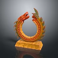 Intricate Dragon Head Sculpture With Curved Body Red Green Scales And Yellow Base Design