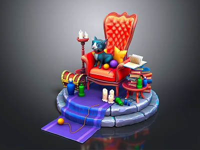 Cartoon Red Armchair With Cat Candles Colorful Balls Laptop Small Table Steps And Carpet 3d model
