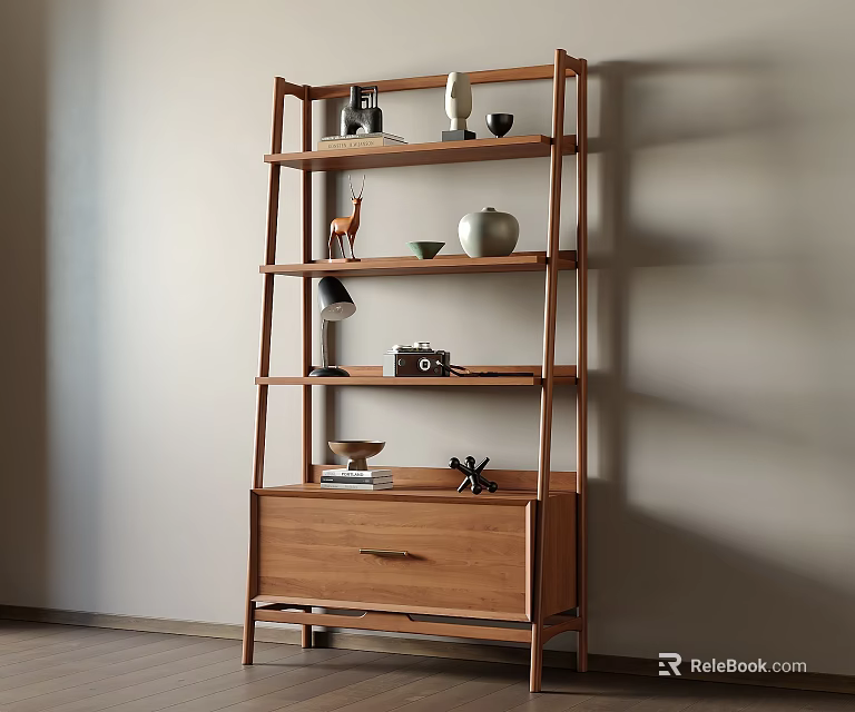 Minimalist Modern Wooden Storage Shelf With Decorative Vases Camera And Drawer 3d model 
