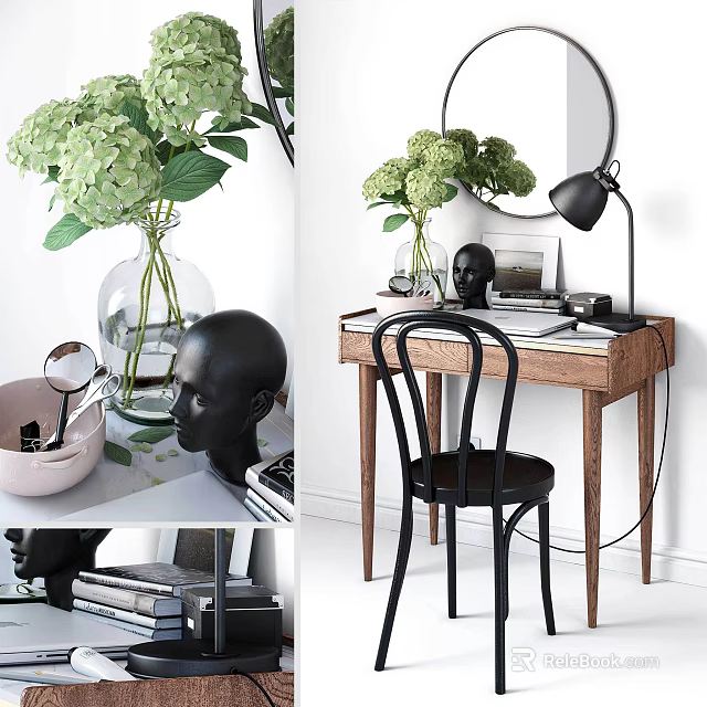 Minimalist Wooden Dressing Table With Round Mirror Hydrangea Vase Black Lamp And Chair 3d model 