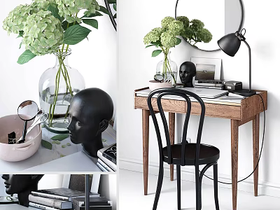 Minimalist Wooden Dressing Table With Round Mirror Hydrangea Vase Black Lamp And Chair 3d model