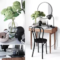 Minimalist Wooden Dressing Table With Round Mirror Hydrangea Vase Black Lamp And Chair