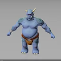 Fantasy Blue Skinned Horned Creature Character Design With Tattoos Bracelet And Orange Loincloth