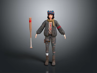 Woman In Worn Patched Jacket With Goggles Cap And Bloodstained Baseball Bat 3d model