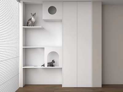 White Modern Storage Cabinet With Open Shelves Cat Figurines Circular Cutout And Arched Opening 3d model
