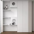 White Modern Storage Cabinet With Open Shelves Cat Figurines Circular Cutout And Arched Opening