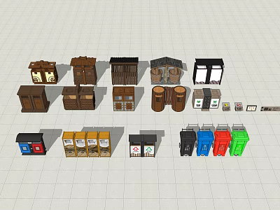 Various Urban Public Facilities Including Trash Bins Phone Booths Lockers And Information Boards 3d model