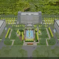 Aerial View Planning of Modern Architectural Complex Featuring Central Fountain Green Spaces Trees and Roadways
