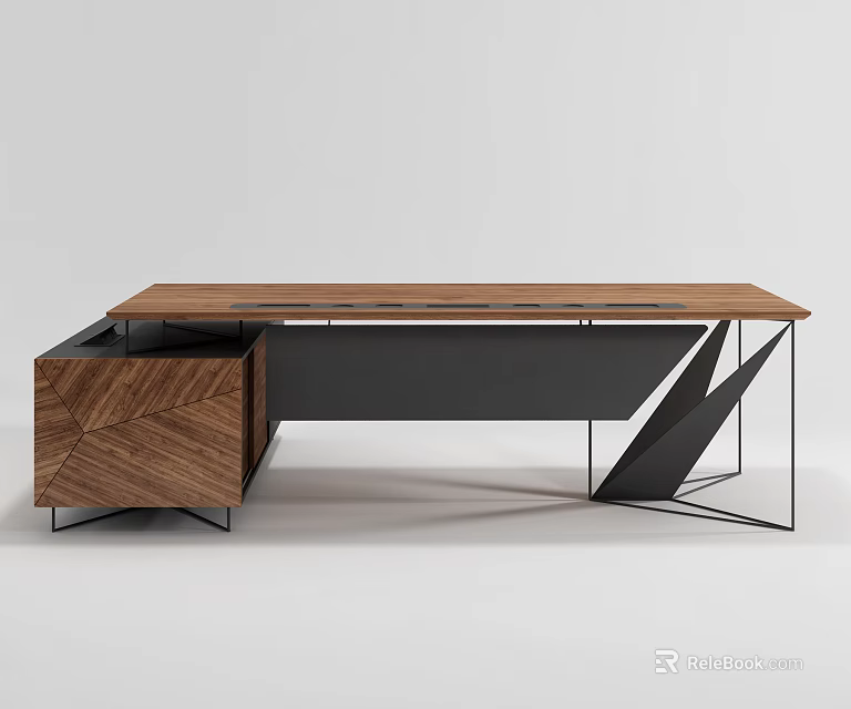 Modern Office Desk With Wooden Top And Black Metal Geometric Frame 3d model 