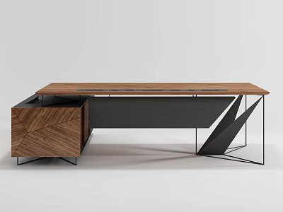 Modern Office Desk With Wooden Top And Black Metal Geometric Frame 3d model