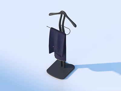 Stylish Dark Colored Clothes Hanging On Black Hanger With Stable Base Against Light Blue Background 3d model
