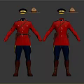 Red Uniforms with Blue Pants Yellow Stripes Brown Belt Boots and Black Brown Hats