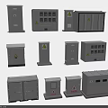 Grey Electrical Control Boxes With Warning Signs As Garden Ornaments In Various Sizes