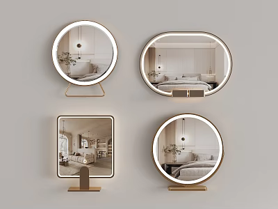 Elegant Various Shaped Mirrors with Gold Frame Stand and Reflected Interior Scenes 3d model