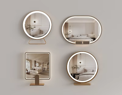 Elegant Various Shaped Mirrors with Gold Frame Stand and Reflected Interior Scenes 3d model