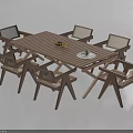 Wooden Dining Table And Six Woven Chairs Set With Fruit Plate And Cup On Top