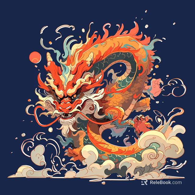 Traditional Chinese Carved Dragon Design With Swirling Clouds And Red Moon 3d model 