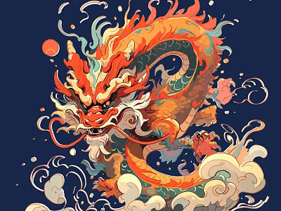 Traditional Chinese Carved Dragon Design With Swirling Clouds And Red Moon 3d model
