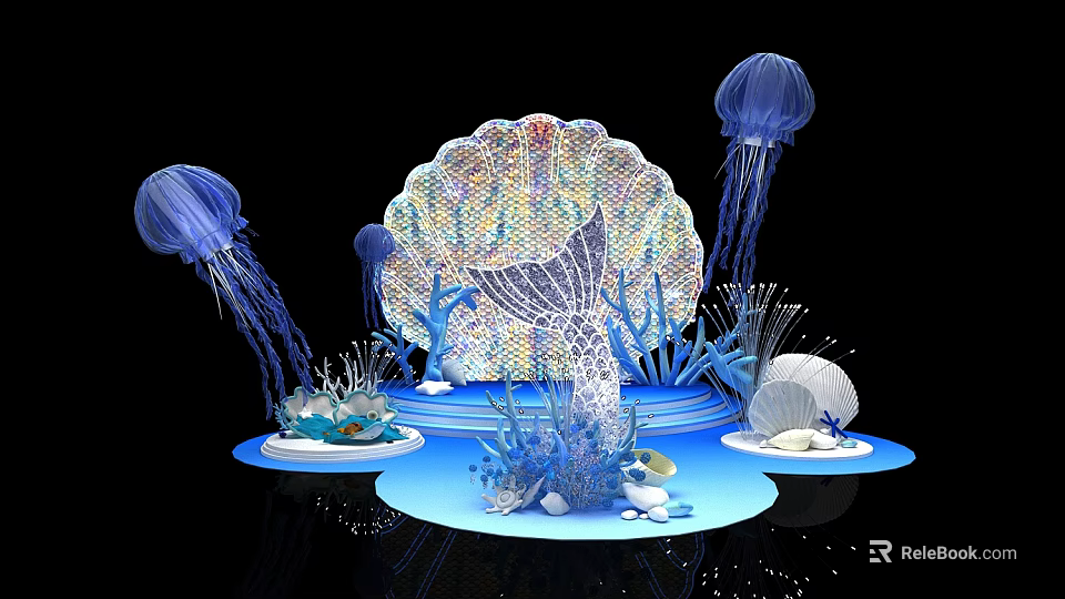 Ocean Themed Decorative Display With Shell Shaped Ornament Jellyfish Coral And Seashells 3d model 