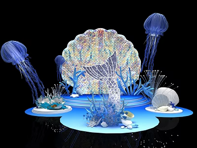 Ocean Themed Decorative Display With Shell Shaped Ornament Jellyfish Coral And Seashells 3d model