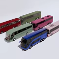 Six Colorful Model Buses in Various Hues Neatly Arranged on White Background