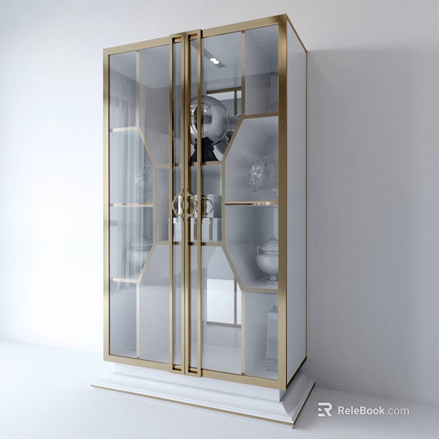 Elegant Gold Frame Glass Door Cabinet With Decorative Vases And Shelves 3d model 