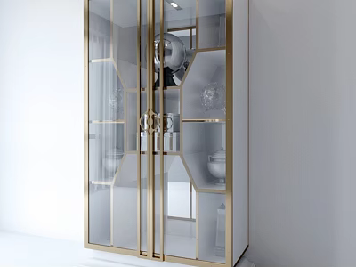 Elegant Gold Frame Glass Door Cabinet With Decorative Vases And Shelves 3d model