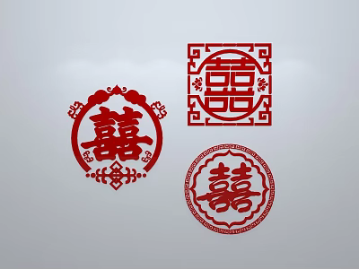 Ornamental Traditional Chinese Lattice Window with Red Double Happiness Carved Design Elements 3d model