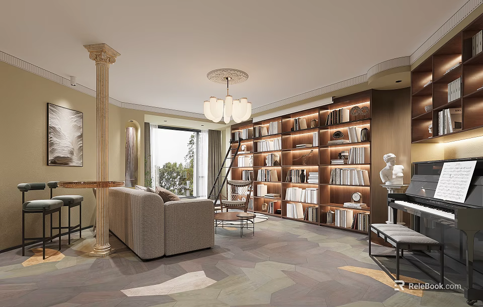 Elegant Living Dining Room Interior With Curved Design Bookshelves Piano Chandelier Column And Window View 3d model 