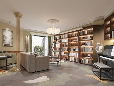 Elegant Living Dining Room Interior With Curved Design Bookshelves Piano Chandelier Column And Window View 3d model