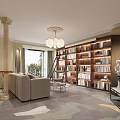 Elegant Living Dining Room Interior With Curved Design Bookshelves Piano Chandelier Column And Window View