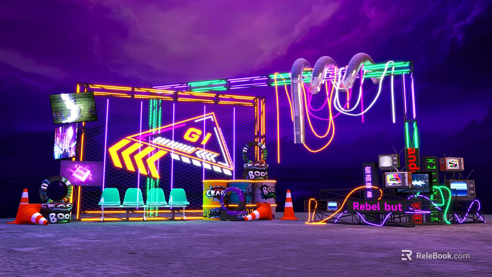 Neon Themed Photo Spot With Purple Sky Geometric Neon Signs Green Chairs And Rebel Base Decor 3d model 