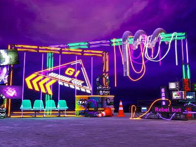 Neon Themed Photo Spot With Purple Sky Geometric Neon Signs Green Chairs And Rebel Base Decor 3d model