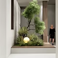 Interior Landscape In Modern Corridor With Large Tree Green Plants And Round Lighting 3d model