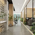 Modern Cyber Cafe Interior With Glass Brick Wall And Green Plants On Marble Countertop