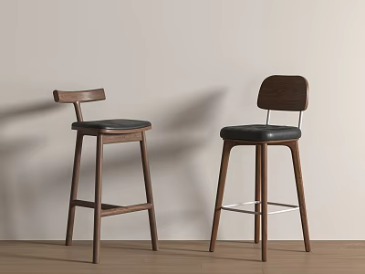 Two Modern Bar Stools With Wooden Frame And Black Seat Against Beige Wall On Wood Floor 3d model